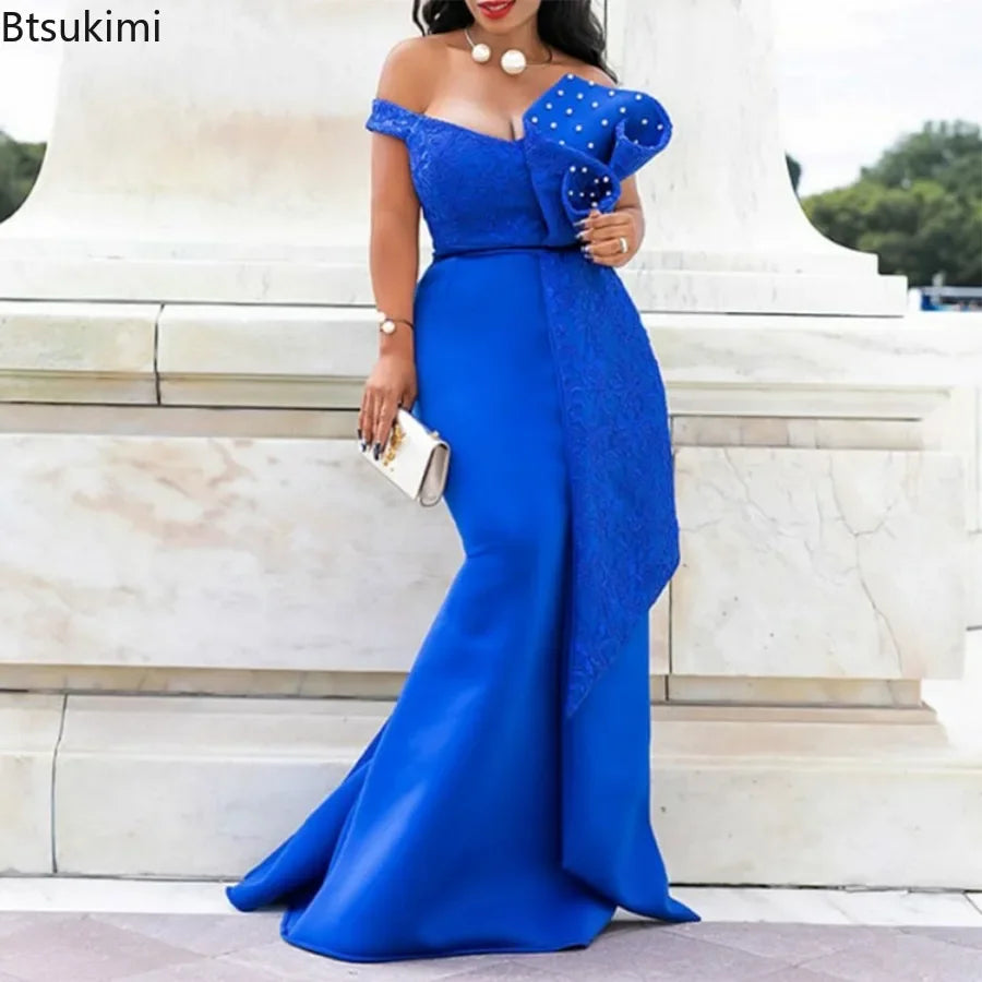 2024 Luxury Dresses Women Designers Beaded Off Shoulder Mermaid Skinny Prom Floor Length Evening Dinner Wedding Party Maxi Dress