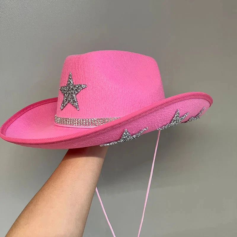 American Ladies Pentagram Cowboy Hat Diamond Rhinestone Star White Bridal Party Visor Fashion Hat Cosplay Party Play Dress Up