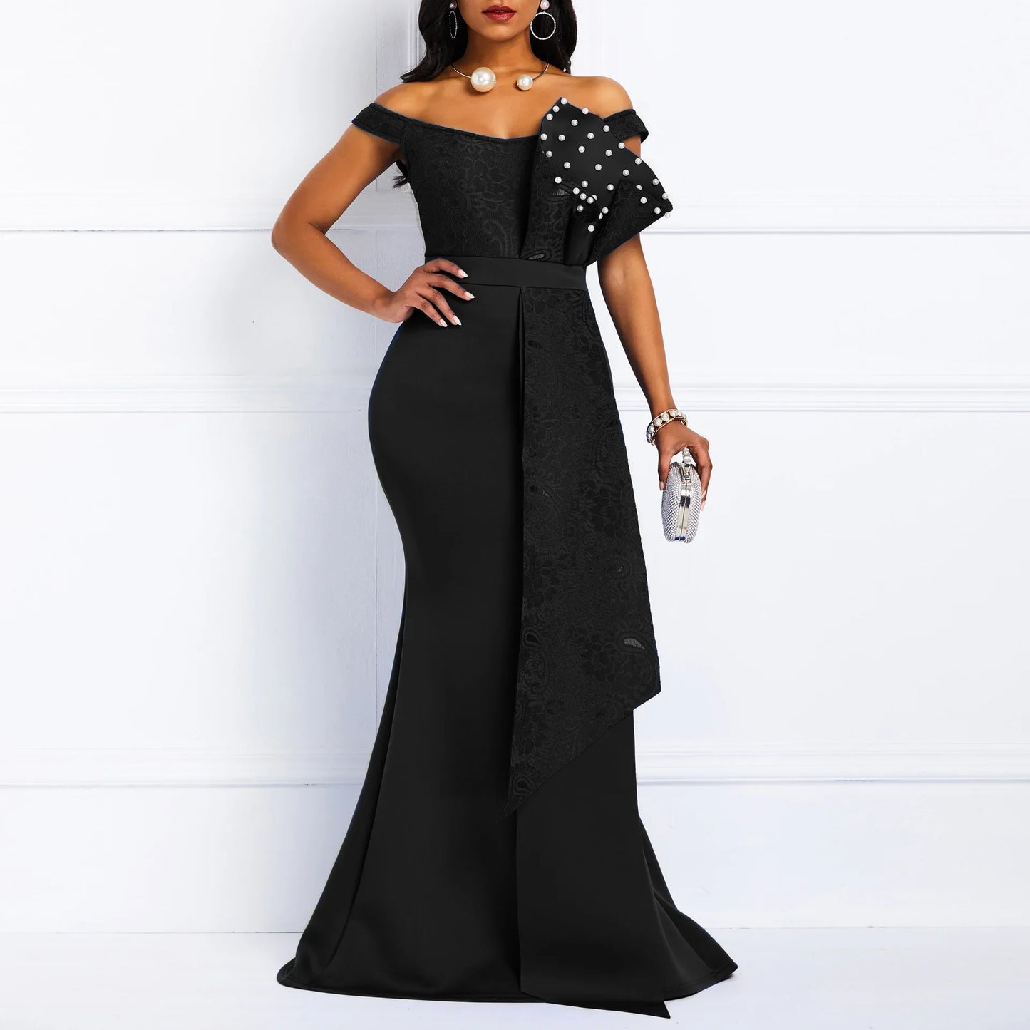 2024 Luxury Dresses Women Designers Beaded Off Shoulder Mermaid Skinny Prom Floor Length Evening Dinner Wedding Party Maxi Dress