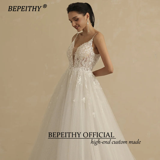 BEPEITHY Customized V Neck Spaghetti Straps A Line Lace Wedding Dresses For Women 2024 Shinny Sleeveless Boho Bridal Party Gown