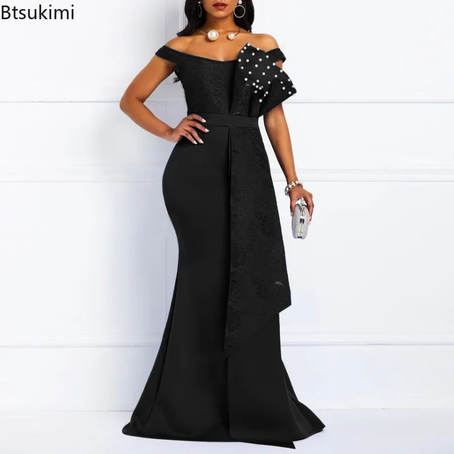 2024 Luxury Dresses Women Designers Beaded Off Shoulder Mermaid Skinny Prom Floor Length Evening Dinner Wedding Party Maxi Dress