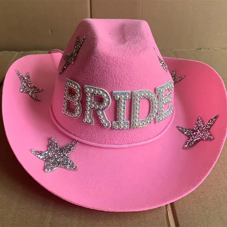 American Ladies Pentagram Cowboy Hat Diamond Rhinestone Star White Bridal Party Visor Fashion Hat Cosplay Party Play Dress Up