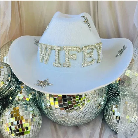 American Ladies Pentagram Cowboy Hat Diamond Rhinestone Star White Bridal Party Visor Fashion Hat Cosplay Party Play Dress Up