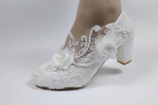 BaoYaFang White Flower Pumps New arrival womens wedding shoes Bride High heels platform shoes for woman ladies party dress shoes