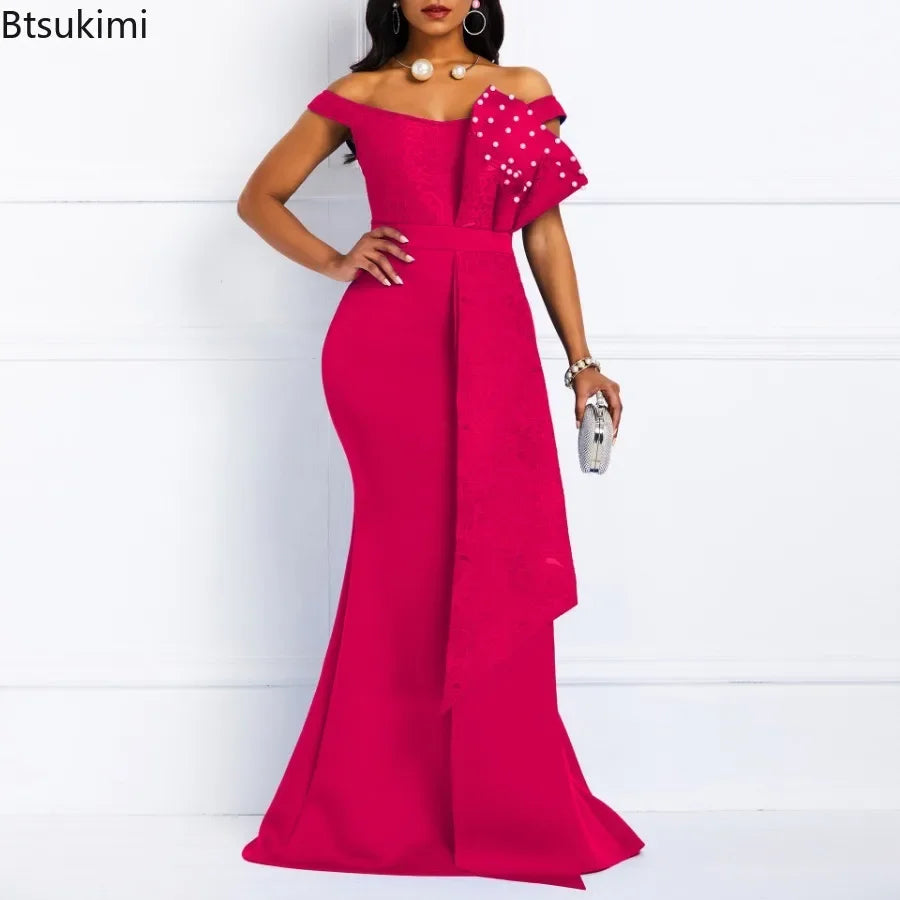 2024 Luxury Dresses Women Designers Beaded Off Shoulder Mermaid Skinny Prom Floor Length Evening Dinner Wedding Party Maxi Dress