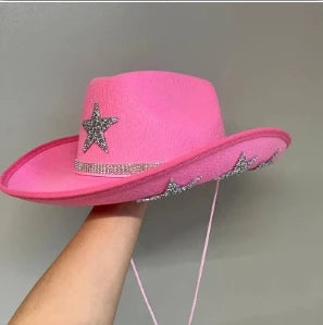 American Ladies Pentagram Cowboy Hat Diamond Rhinestone Star White Bridal Party Visor Fashion Hat Cosplay Party Play Dress Up