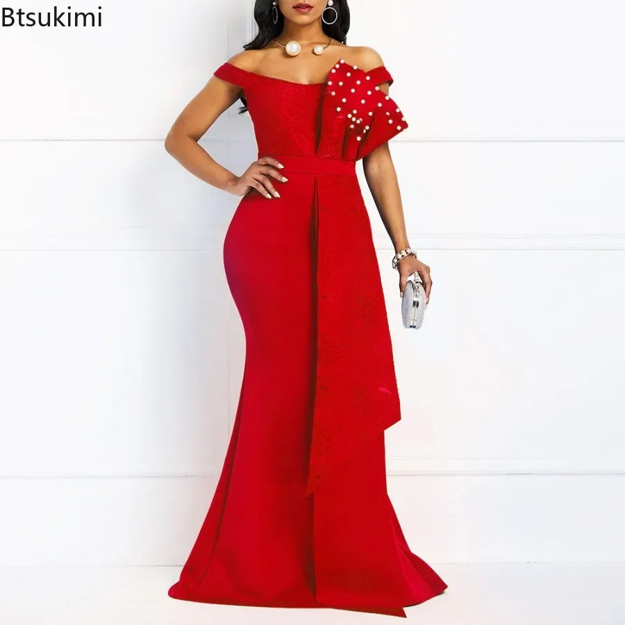 2024 Luxury Dresses Women Designers Beaded Off Shoulder Mermaid Skinny Prom Floor Length Evening Dinner Wedding Party Maxi Dress