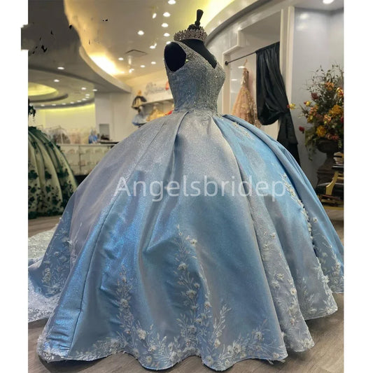 Angelsbride Sky Blue Satin Ball Gown Quinceanera Dresses 2025 Long Lace Train Beading Vestidos De 15 Anos Evening Party Dress