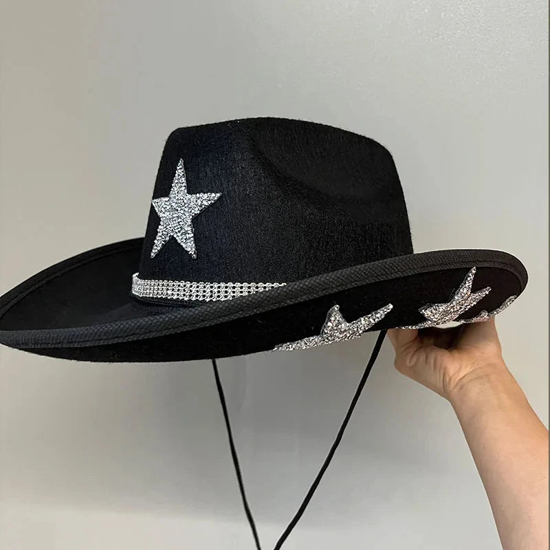 American Ladies Pentagram Cowboy Hat Diamond Rhinestone Star White Bridal Party Visor Fashion Hat Cosplay Party Play Dress Up