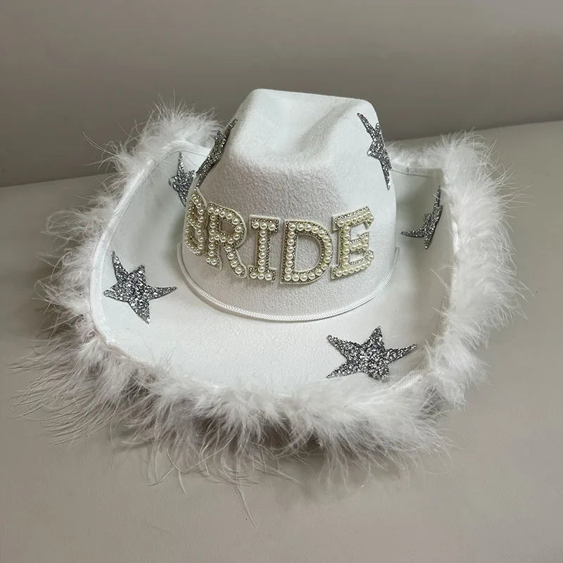 American Ladies Pentagram Cowboy Hat Diamond Rhinestone Star White Bridal Party Visor Fashion Hat Cosplay Party Play Dress Up