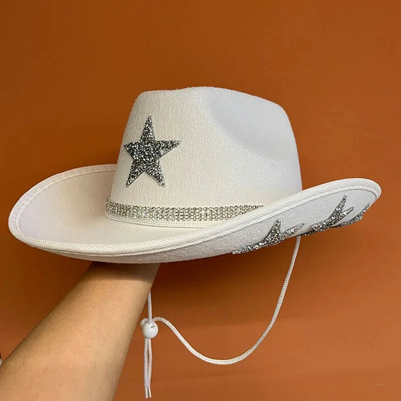 American Ladies Pentagram Cowboy Hat Diamond Rhinestone Star White Bridal Party Visor Fashion Hat Cosplay Party Play Dress Up