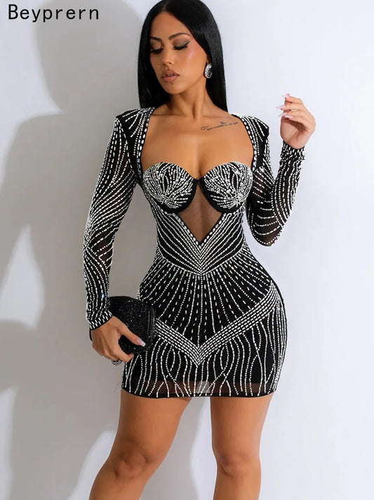 Beyprern Beautiful Black Rhinestone Padded Mini Dress Your Distraction Diamonds Party Dress Birthday Outfits Night Out Wear Robe