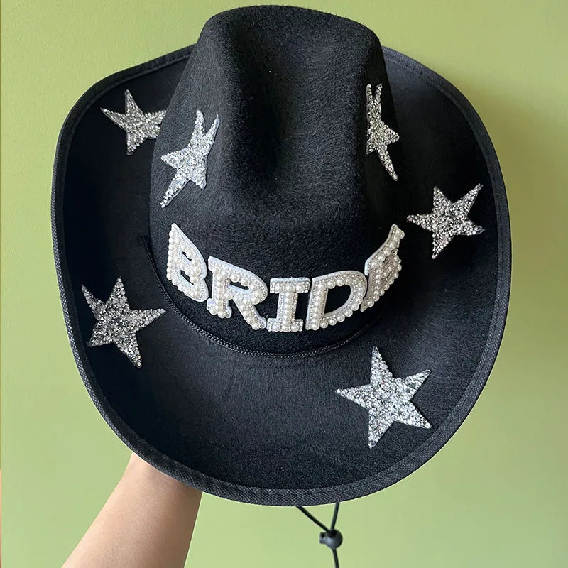 American Ladies Pentagram Cowboy Hat Diamond Rhinestone Star White Bridal Party Visor Fashion Hat Cosplay Party Play Dress Up