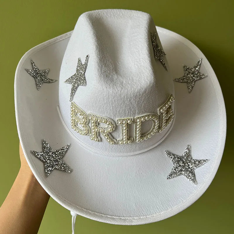 American Ladies Pentagram Cowboy Hat Diamond Rhinestone Star White Bridal Party Visor Fashion Hat Cosplay Party Play Dress Up