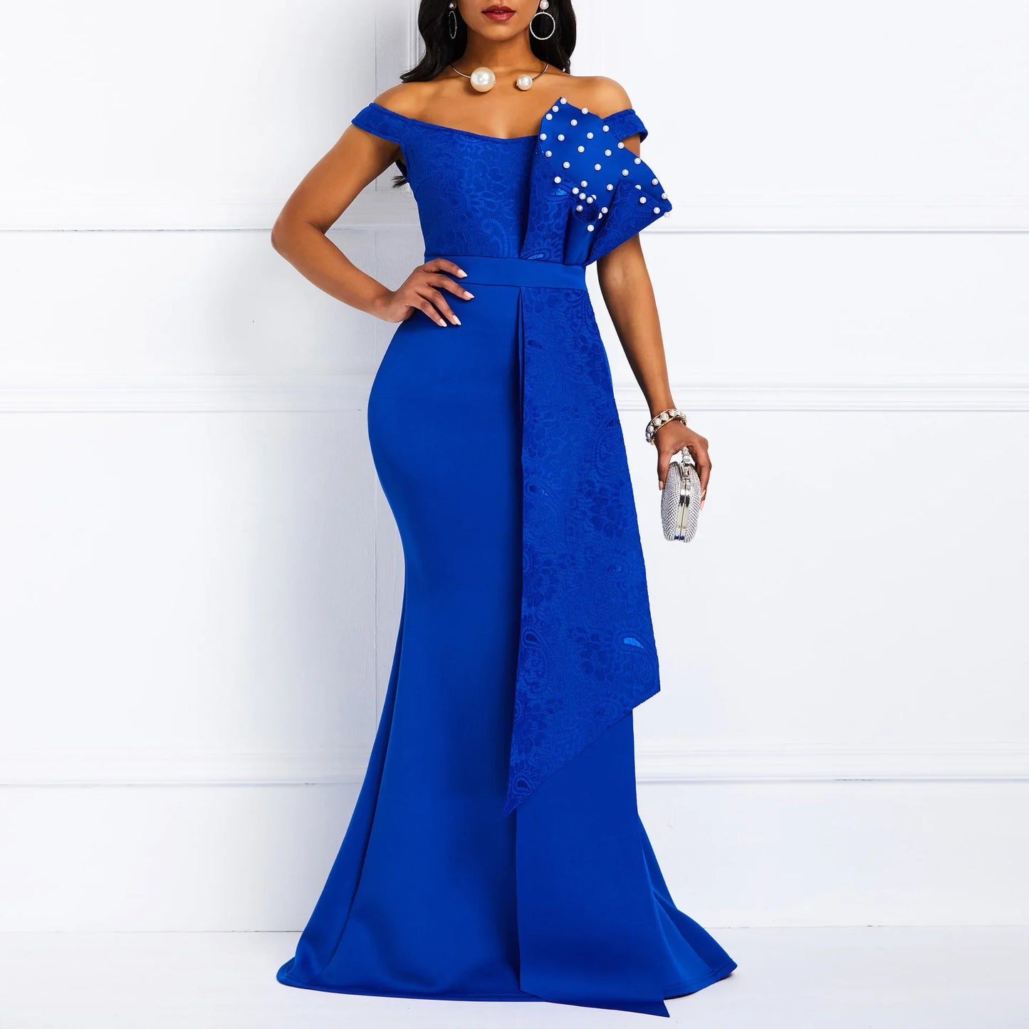 2024 Luxury Dresses Women Designers Beaded Off Shoulder Mermaid Skinny Prom Floor Length Evening Dinner Wedding Party Maxi Dress